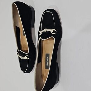 Bally Black Suede  & White Leather trim Flats  pumps with logo Size 6.5